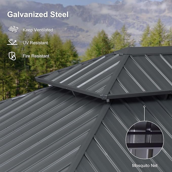 PURPLE LEAF 14' X 28' Outdoor Large Gazebo Permanent Hardtop Gazebo with Galvanized Steel Double Roof for Patio Lawn and Garden, Curtains and Netting Included Grey