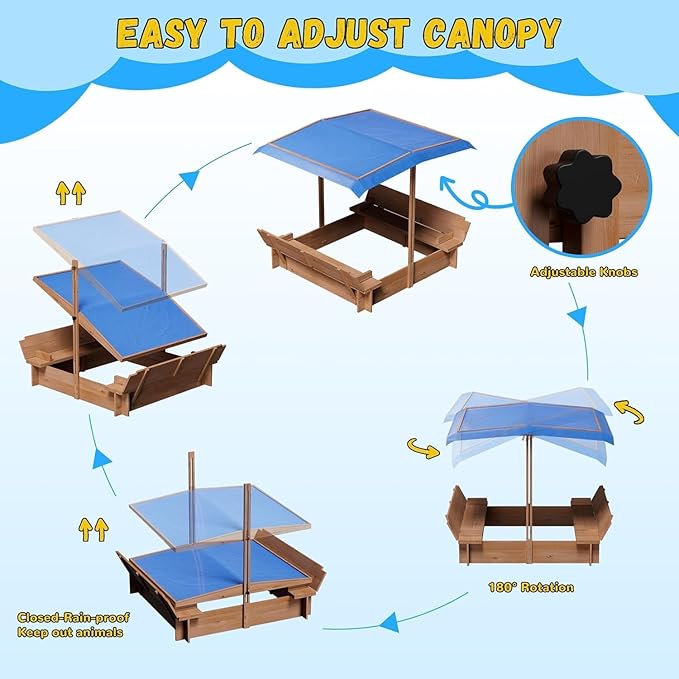 Kids Wooden Sandbox with Adjustable Canopy, Rotatable Sunshade Cover & Two Foldable Bench Seats for Outdoor Play