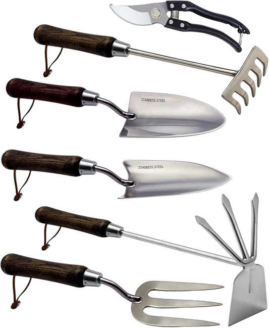 Garden Tool Set, 6PCS Heavy Duty Stainless Steel Gardening Hand Tools with Ropes, Includes Hand Cultivator Shovel Trowel Transplanter 2-in-1 Hoe Pruner, Ideal Gardening Gifts for Women Men (Standard)