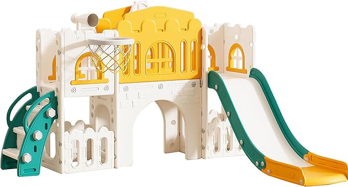 7 in 1 Toddler Slide,Kids Climber Slide with Storage Space and Non-Slip Steps, Toddler Playset with Basketball Hoopa and Telescope, Indoor Outdoor Playground for Toddlers