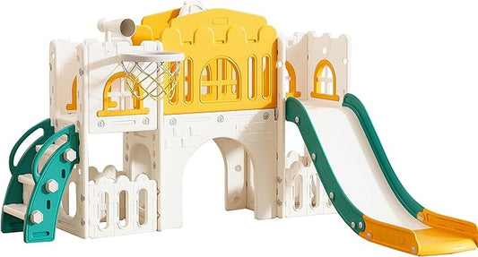 7 in 1 Toddler Slide,Kids Climber Slide with Storage Space and Non-Slip Steps, Toddler Playset with Basketball Hoopa and Telescope, Indoor Outdoor Playground for Toddlers