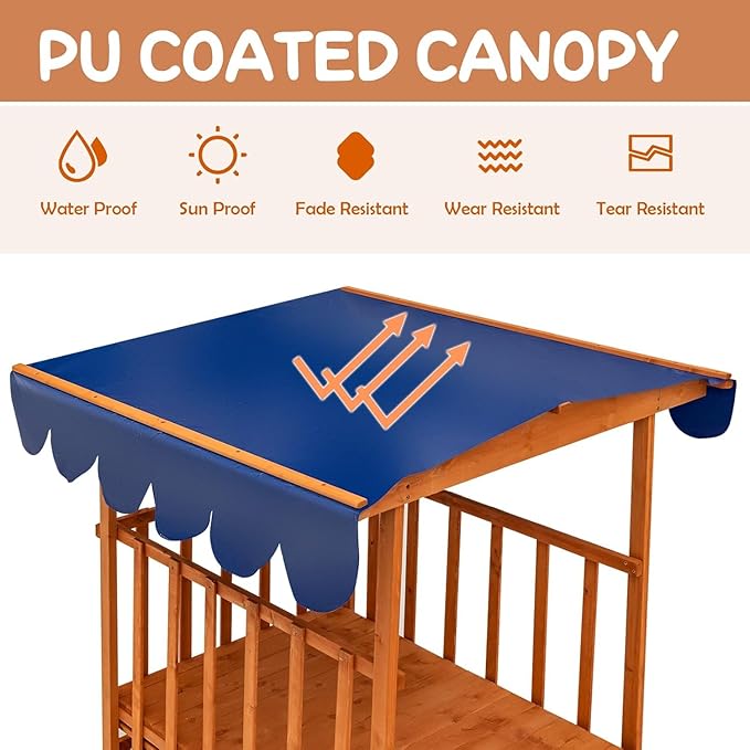 Costzon Kids Retractable Sandbox with Canopy, Wooden Cedar Cabana Playhouse w/Large Play Area, Rear Wheels and Guardrails for Backyard Garden Lawn Beach, Sandbox with Lid for Children Outdoor Play