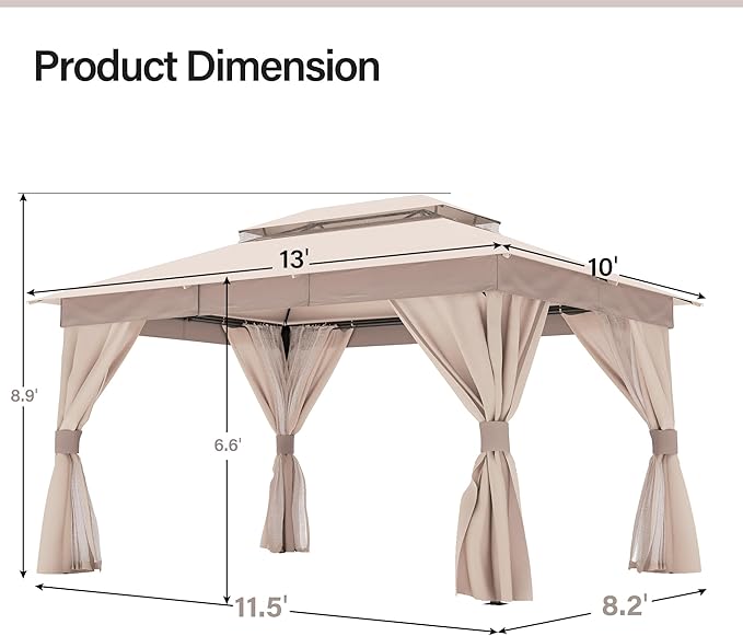 LAUSAINT HOME Semi-permanent Patio Gazebo 10'x13' with Expansion Bolts, Outdoor Heavy Duty Party Shelter with Double Roof, Mosquito Nets and Privacy Screens for Backyard, Garden, Lawn, Champagne Khaki