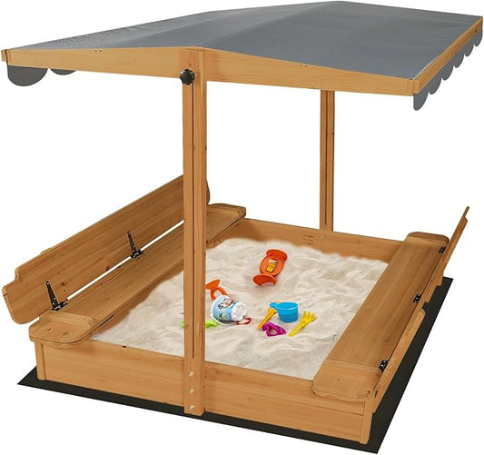 Wooden Sandbox with Lid & Canopy Cover, 48x48 Large Outdoor Sand Box for Kids Ages 4-8, with Foldable Bench Seats, UV-Resistant & Adjustable Height Roof & Bottom Liner