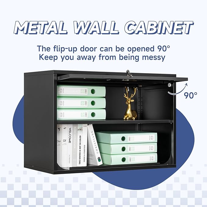 Metal Wall Cabinet with Locking Door and Shelf, Hanging Garage Cabinets with Up-Flip Doors for Garage, Warehouse, Home, Office, Assembly Required (Black, One Cabinet)