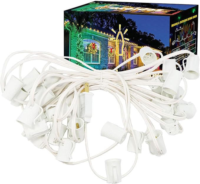 25FT C9 Light String Christmas Stringer, E17 Light Sockets 12" Spacing, C9 Stringer Set White Outdoor String Lights Strand for Wedding Patio Event Lighting Decor, White Wire