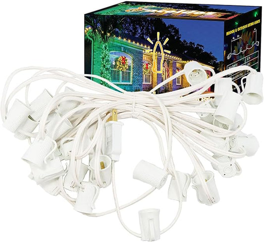 25FT C9 Light String Christmas Stringer, E17 Light Sockets 12" Spacing, C9 Stringer Set White Outdoor String Lights Strand for Wedding Patio Event Lighting Decor, White Wire