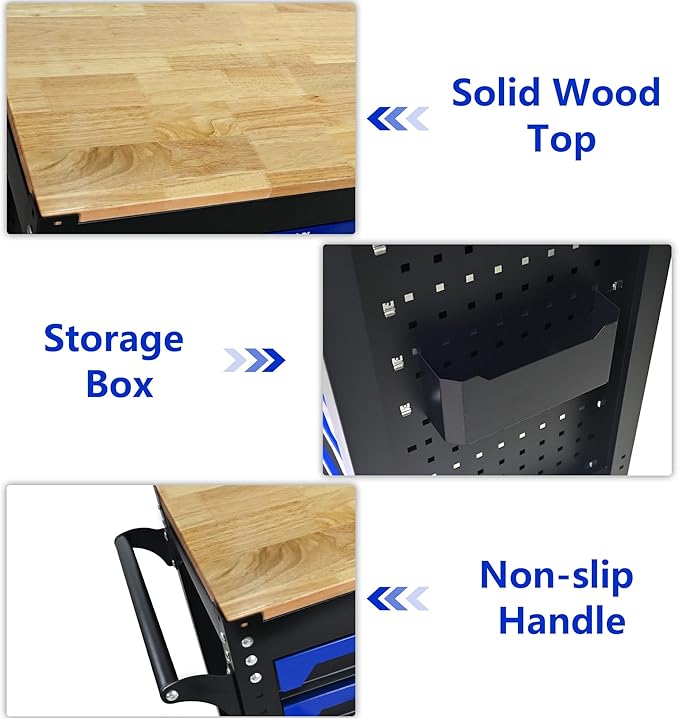 RYH 26.65 W Rolling Tool Cart with Wheels & Wood Top | Mobile Tool Chest Organizer for Garage Storage Cabinet & Toolbox | Heavy-Duty Steel Tool Box (Black-Blue, 7-Drawers 39.17 H¡¿26.65 W -2)