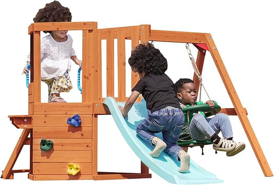 Dolphin Playground 5-in-1 Toddler Swing Sets with Slide for Backyard, Toddler Outdoor Playset with Baby Swing, Table, Blackboard, Kid Slide, Rock Climbing Wall, Ages 18 mo to 4 yrs