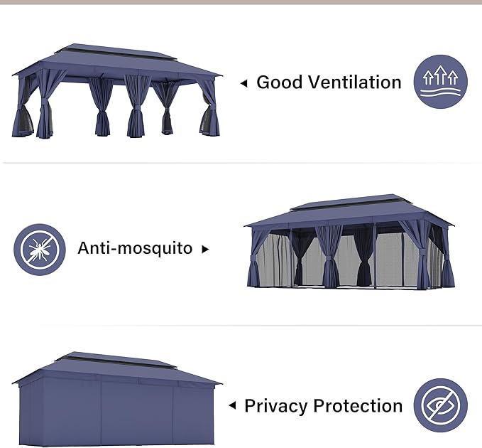 LAUSAINT HOME Semi-Permanent Patio Gazebo 10'x20' with Expansion Bolts, Outdoor Heavy Duty Party Shelter with Double Roofs, Nettings and Privacy Screens for Backyard, Garden, Lawn, Navy Blue