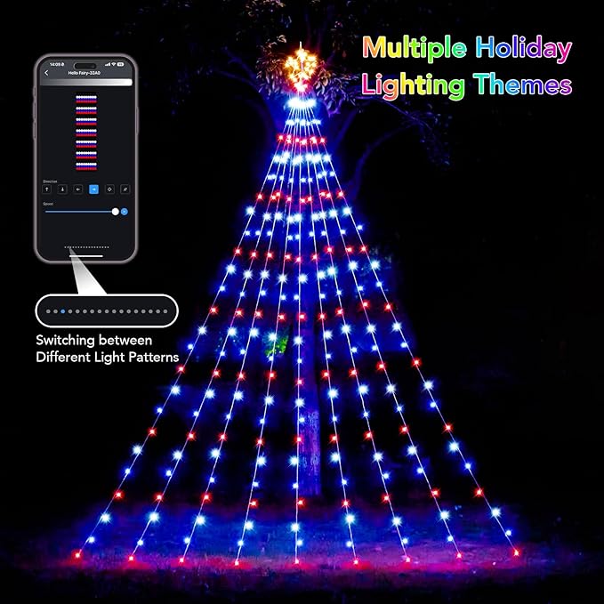 16.4FT Smart RGB Christmas Waterfall Lights with Star, APP & Remote Control, DIY Custom Light Show & Music Sync, Timer, 245 LEDs Color Changing Outdoor Decor for Xmas, Yard, Party