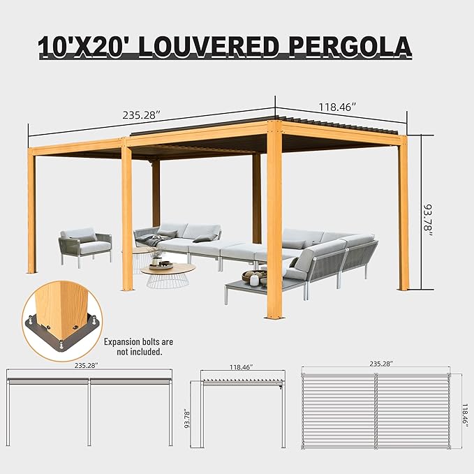 10’ x 20’ Louvered Pergola, Outdoor Pergola Aluminum Frame with Adjustable Rainproof Metal Roof, Permanent Sun Shade with Drainage System for Backyard, Garden and Lawn (Wooden Grain)