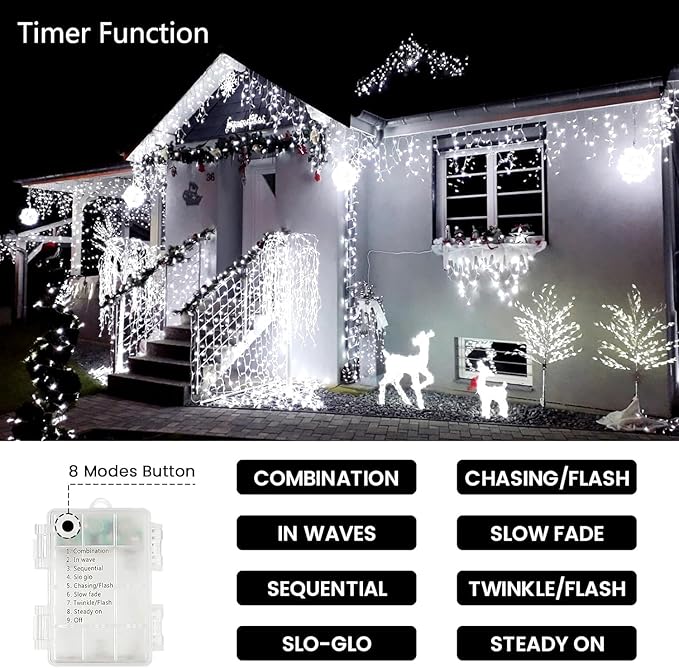4 Pack Christmas String Lights Battery Operated with Timer, 66FT 200 LED Waterproof Battery Twinkle Lights, 8 Modes Fairy Light for Indoor & Outdoor Garland Tree Christmas Decorations (Cool White)