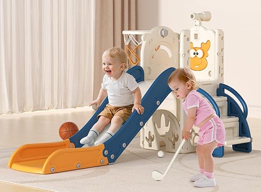 BIERUM Toddler Slide for Kids,6-in-1 Indoor Outdoor Toddler Slides Playground with Basketball Hoop, Golf Game & Telescope, L-Shaped Baby Slide Climber Playset, Blue&Yellow