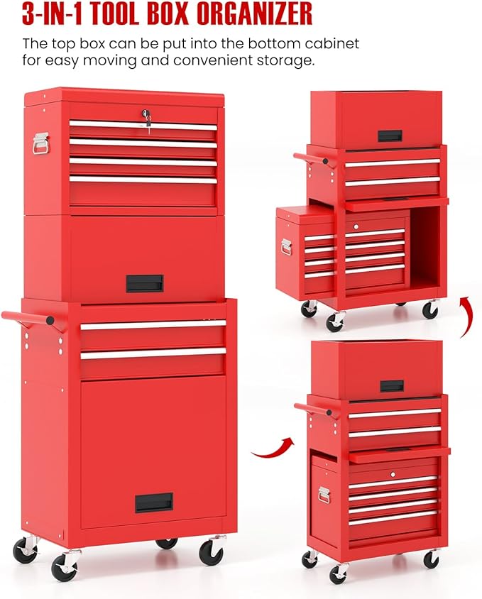 ARNOT 2-in-1 Rolling Tool Chest with 5 Drawers, Heavy-Duty Metal Tool Box with Wheels, Detachable Top Tool Box & Rolling Tool Cabinet for Garage, DIY (6-Drawers Whith Middle Box, Red)