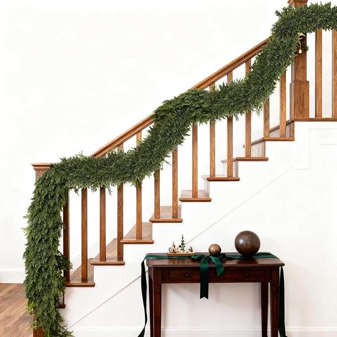 6/9ft Christmas Cedar Garland Artificial Realistic Soft and Thickness Green Faux Fake Full Cedar Pine Garland for Table, Mantle, Wall, Indoor, Outdoor Christmas Decorations (6FT)