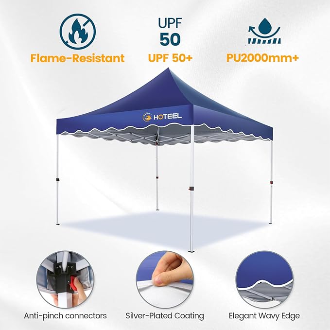 HOTEEL 10×10 Pop Up Canopy, UV 50+ and Waterproof Canopy Tent 10×10, Thickened Frame, Large Space Easy Pop Up Canopy, Outdoor Canopy for Weddings, Beaches, Parties, Patio (Dark Blue)