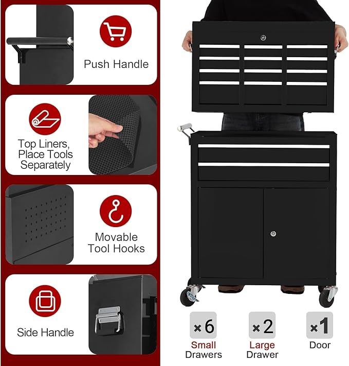 8-Drawer Rolling Tool Chest, 2-in-1 Detachable Top Tool Cabinet with Removable High Capacity Storage, Sliding Drawers, Wheels, Locking System & Liners for Workshop, Mechanics, Garage and Warehouse Use