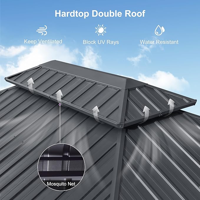 PURPLE LEAF 12'x18' Hardtop Gazebo with Lights Patio Outdoor Pavilion with Galvanized Steel Double Roof Includes Netting and Curtains for Garden Lawn Backyard Grey