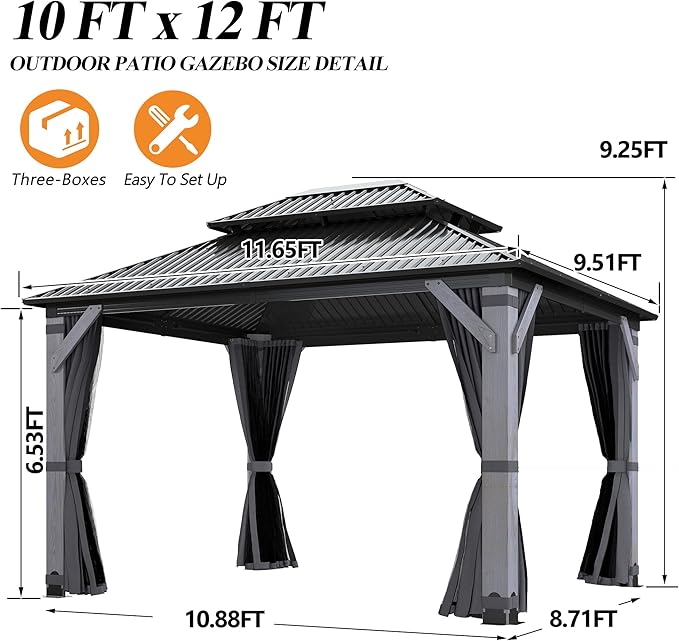 GARTOO 10' x 12' Outdoor Wood Gazebo - Permanent Wooden Hardtop Gazebo Pavilion with Double Curtains, Galvanized Steel Roof Cedar Wood Gazebos for Lawn, Garden, Poolside, Backyard Deck