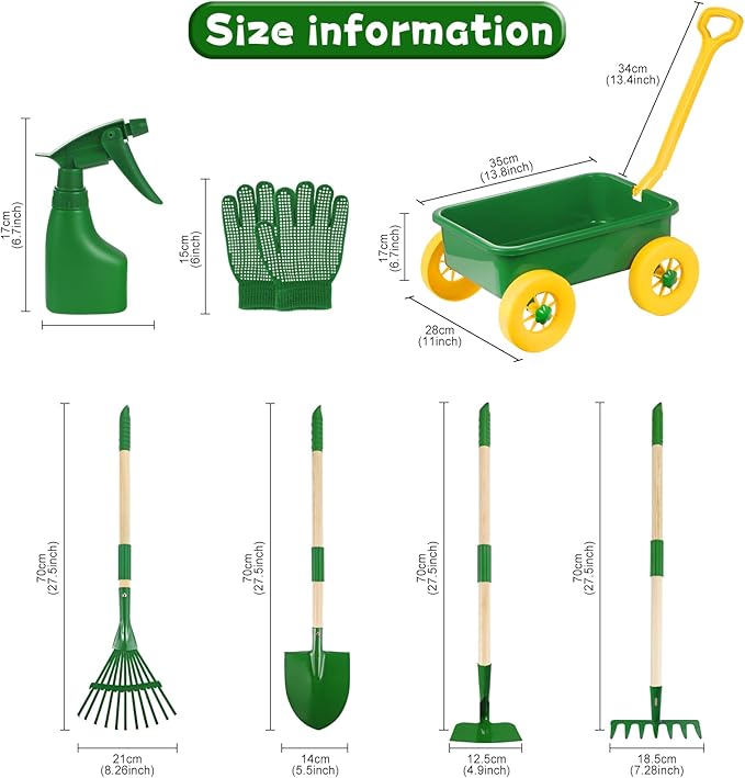 Duckura Kids Gardening Tools Set - 7pcs Wheelbarrow Set Outdoor Toy for Kids with Shovel, Rake, Leaf Rake, Yard Digging Weed Toys, Christmas Birthday Gifts for Boys Girls Age 2 3+Years Old(Yellow)