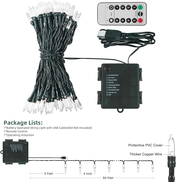 XTF2015 Christmas Lights 66ft 200 LED String Lights Timer Memory Function USB or Batter y Powered Waterproof String Light for Indoor Outdoor Decoration (Multicolor)