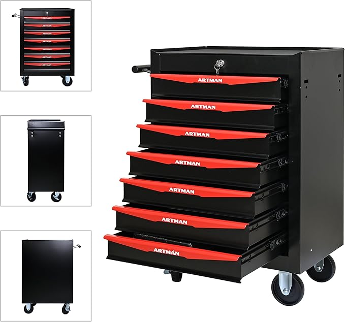 RYH 7 Drawers Rolling Tool Chest - Heavy Duty Mobile Tool Cart with Locking Wheels & Ball Bearing Drawers,30.5 H x 20.9 W x 13 D Garage Tool Storage Cabinet (Black, 7 Drawers)