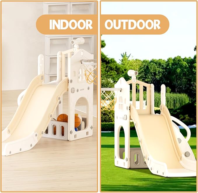 XJD 5 in 1 Toddler Slide, Kids Slide for Toddlers Age 1-3, Outdoor Indoor Playset for Toddlers with Basketball Hoop and Ball, Storage Space Birthday Gifts for Toddler (Beige)