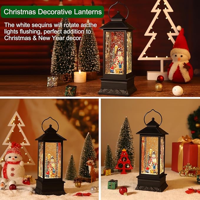 Snow Globes Christmas Lantern, Christmas Decorations Musical Snow Globe Lantern, LED Lighted USB or Battery Operated Spinning Water Glitters Lighted Singing Lantern Christmas Home Decor and Xmas Gift