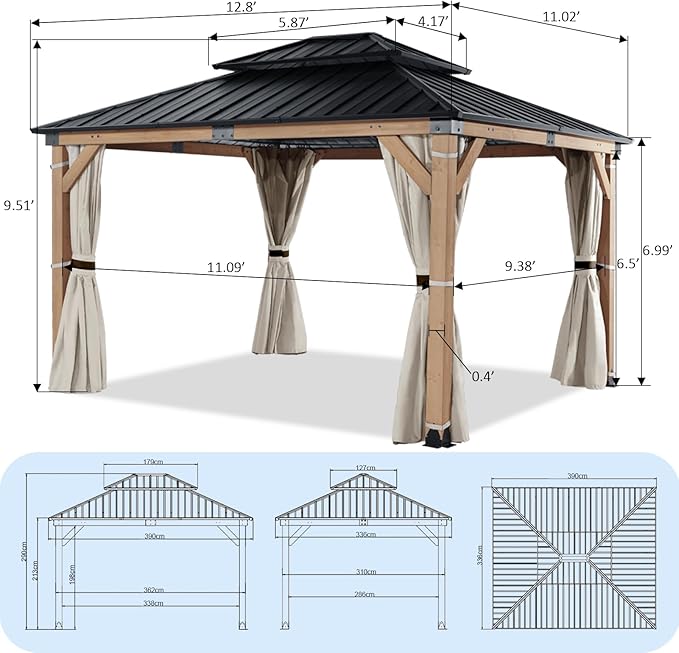 10x12 FT Wooden Hardtop Gazebo,Wood Heavy Duty Solid Cedar Gazebos with Mosquito Netting and Waterproof Curtains,Outdoor Metal Canopy for Deck Patio