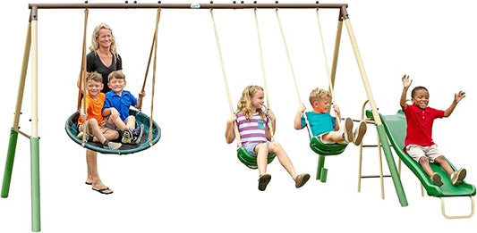 SuperDisc Swing Set with SuperDisc Swing. 5 User Capacity, Easy Assembly, Metal Frame Backyard Playground Set for Kids. with Padded Frame Legs for Safety. 148 L x 93 W x 74 H, by XDP Recreation