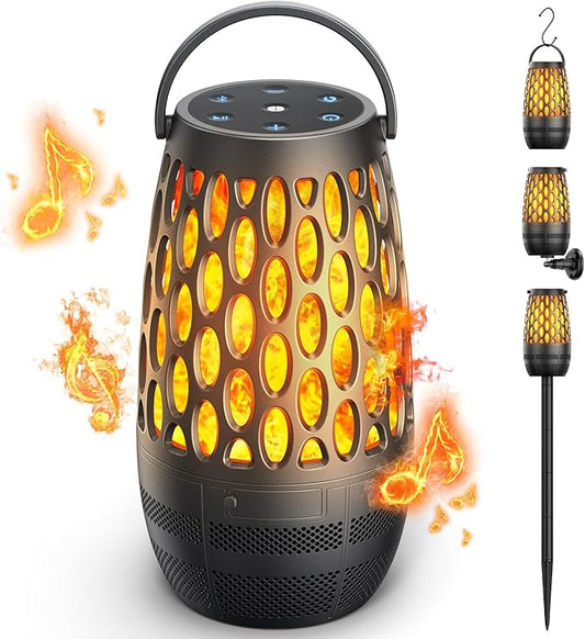 Outdoor Speakers Bluetooth Waterproof IPX6 with Flame Lights, Gadget Gifts for Dad, Hd Stereo Sound, BT 5.3 Multi-Sync to 100 Speakers, Portable Wireless Speaker for Patio Cafe Decor Party -1Pack