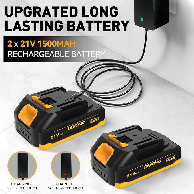 DEVONIC Leaf Blower Cordless, 21V Electric Cordless Leaf Blower with 2 Batteries and Charger,150MPH for Lawn Care,Patio, Garden, House, Depot (Medium Cordless Leaf Blower)