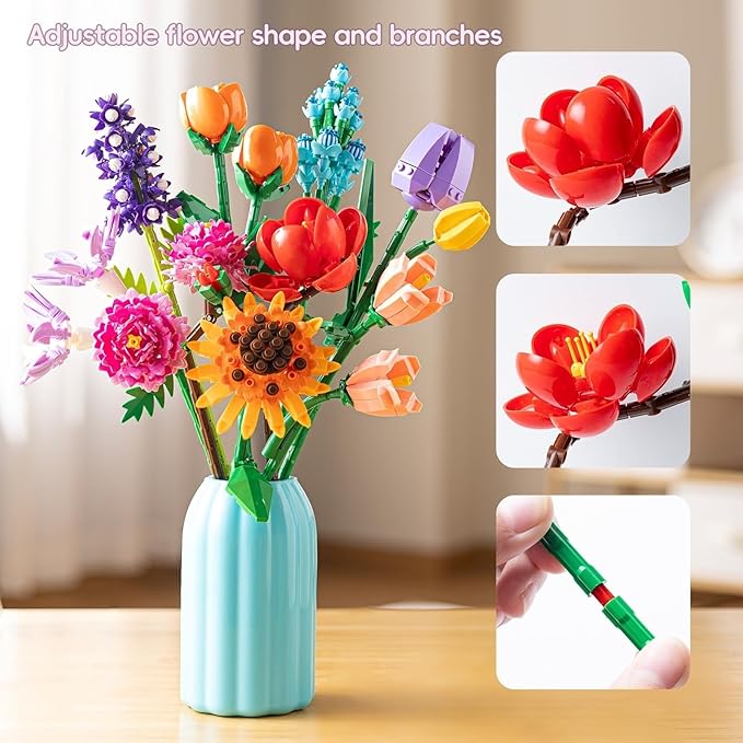 Sawaruita Flowers Bouquet Botanical Building Block Sets for Adult-9 Kind of Wildflowers Botanical Collection with Vase- Plants Toys for Kids Home Decor for Mothers Day,Valentines,Birthday Gifts