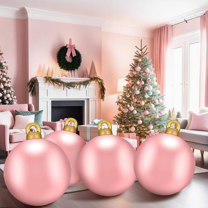 Jetec 4 Pcs Giant Inflatable Christmas Ball Large Xmas Inflatable Ornaments PVC Outdoor Holiday Blow Ball Outside Yard Lawn Porch Decorations (Solid,Pink)