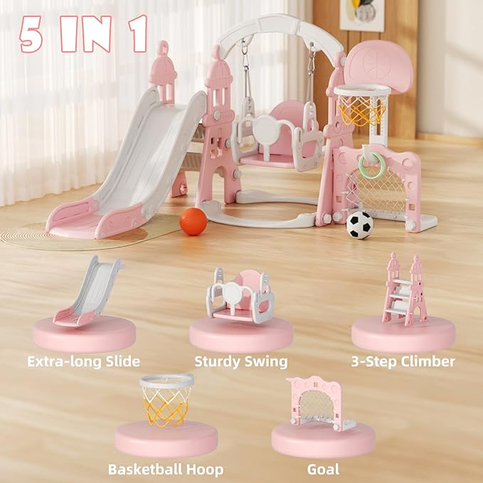 KORIMEFA 5-in-1 Kids Slide and Swing Set, Toddler Slide with Basketball Hoop, Swing, Outdoor Indoor Playground for Toddlers 1-3 (5 in1-Pink)