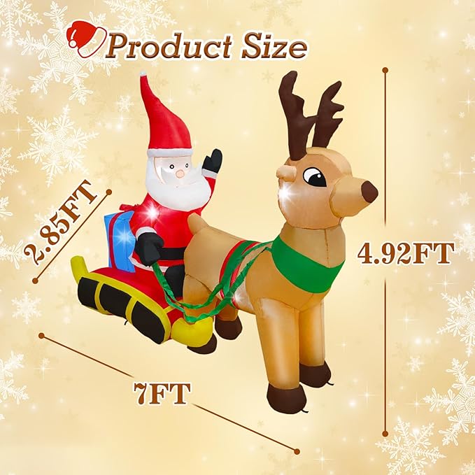 7.2 Ft Length Christmas Inflatable Santa on Reindeer Sleigh Decoration, Durable Blow Up Decoration Built-in LED Light, Christmas Inflatables for Garden Patio Lawn Home Indoor Winter Holiday Party
