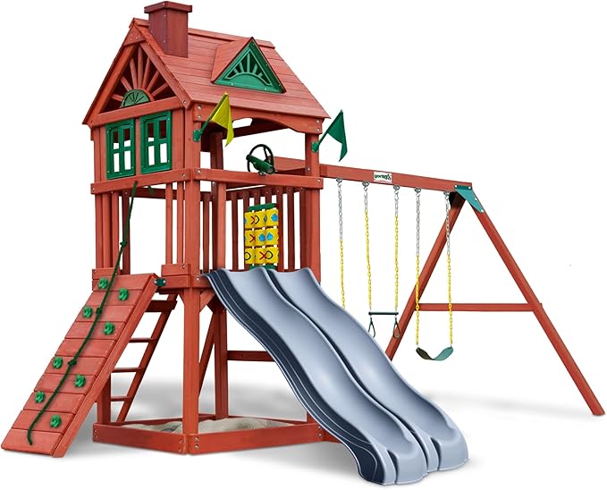 Gorilla Playsets 01-0036-GREY Double Down II Wood Swing Set with Wood Roof, Two Slides, Two Swings, Sandbox Area, Rock Wall, Redwood Stain Color with Grey Slides