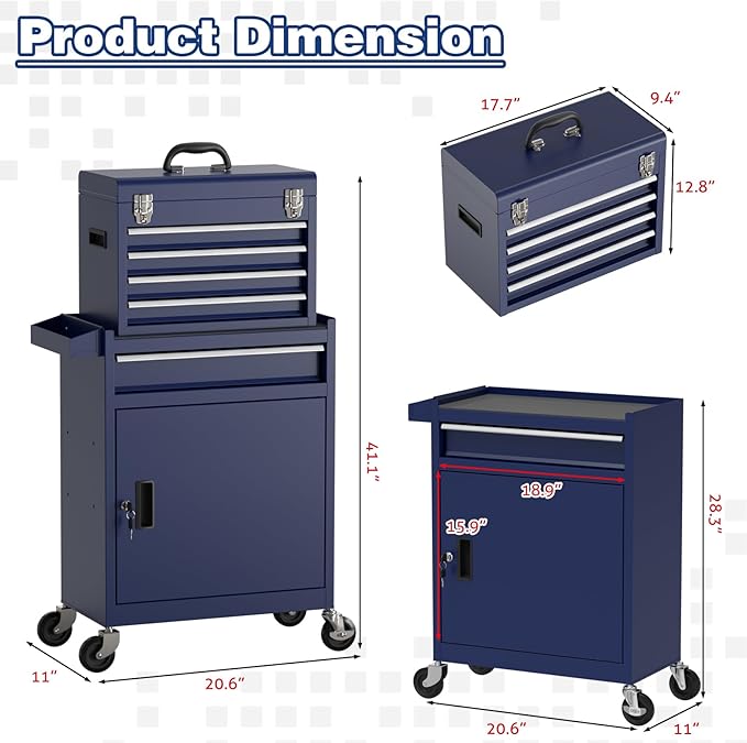 Rolling Tool Box with Wheels, 5-Drawer High Capacity Tool Chest with Wheels, Removable Storage Toolbox with Lock for Garage, Workshop (Darkblue)