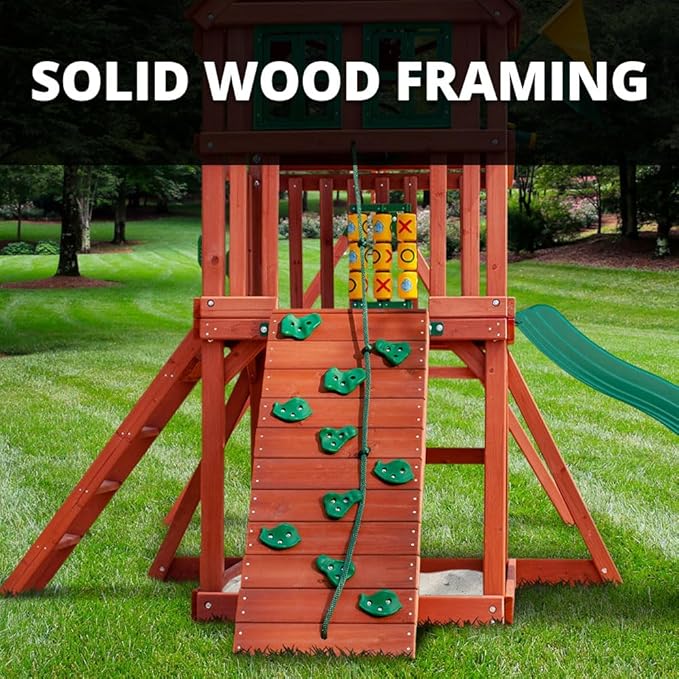 Gorilla Playsets 01-0036-GREY Double Down II Wood Swing Set with Wood Roof, Two Slides, Two Swings, Sandbox Area, Rock Wall, Redwood Stain Color with Grey Slides