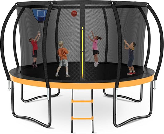8FT 10FT 12FT 14FT 16FT Trampoline Outdoor, Trampolines for Kids & Adults, Pumpkin Trampolines with Safety Net, Ladder, Coating Metal Frame, ASTM Approved Large Backyard Trampoline for Kids