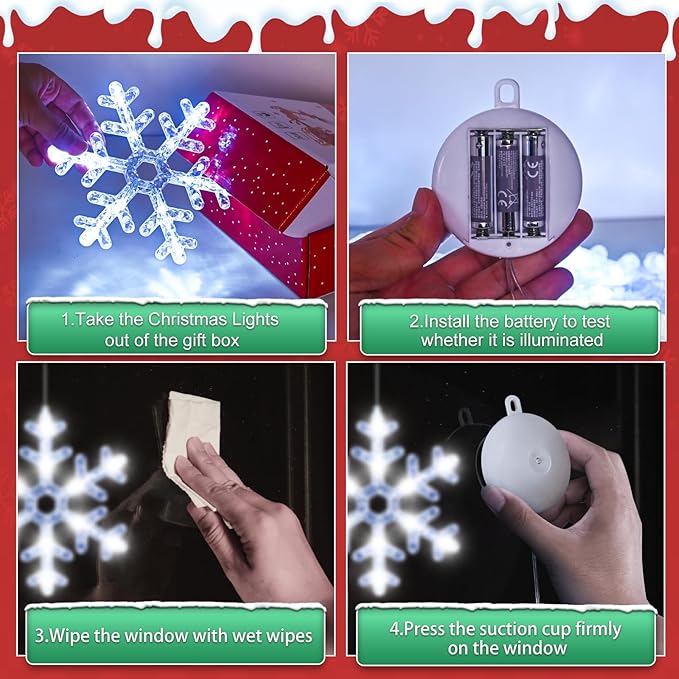 3Pack Christmas Window Lights Decorations with Timer,Battery Powered White Lighted Snowflake Shaped LED String Sucker for Xmas 2026 Hanging Fireplace Window Indoor Decor