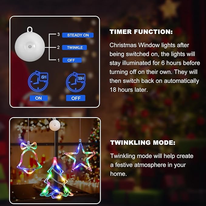 3Pack Christmas Window Lights Decorations with Timer, Battery Powered Multicolor LED Sucker for Xmas Tree Fireplace Indoor Decor