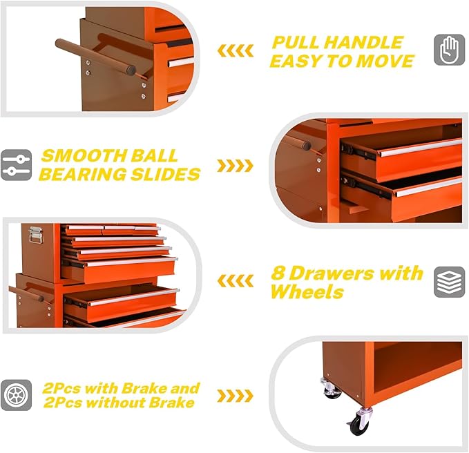 Rolling Tool Chest with Wheels, 8-Drawer Steel Tool Storage Cabinet with Lockable Top, Heavy-Duty Mobile Tool Box Organizer for Garage, Workshop & Job Site
