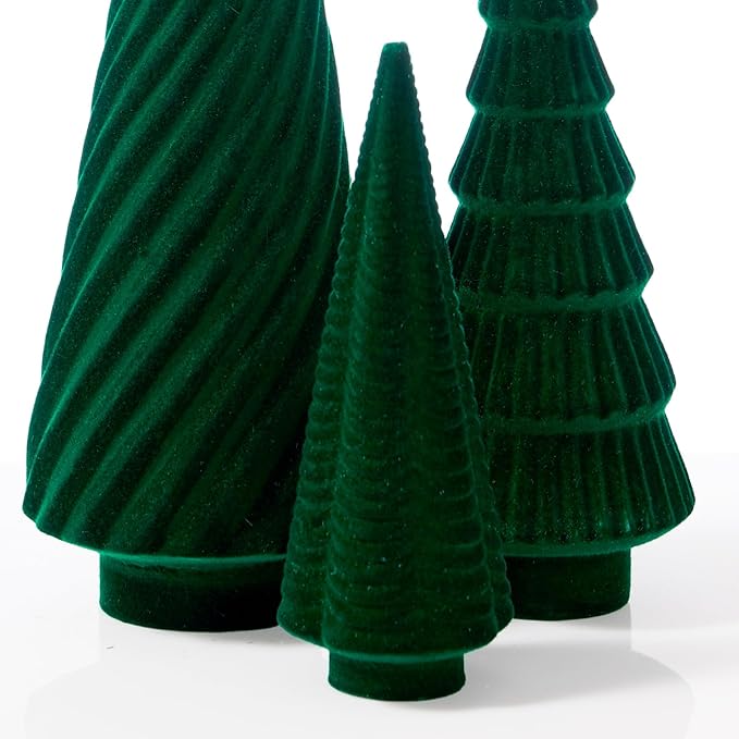 DN DECONATION Set of 3 Flocked Velvet Christmas Trees, Green Tabletop Xmas Tree Decor with Pine, Swirl & Wave Designs Mini Christmas Figurines for Mantel, Desk, Holiday Centerpiece