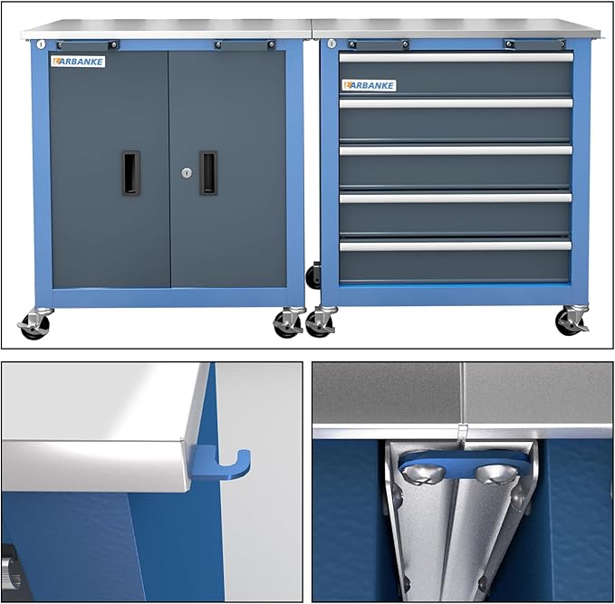 Combination Tool Chest with Lock,5-Drawer/2 Door Tool Cabinet can be Interconnected,Rolling Tool Chest with Wheels and Padded Feet,with Stainless Steel Protective Film Countertop