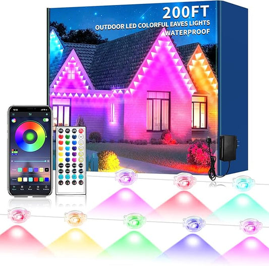 200FT Permanent Outdoor Lights for House,Waterproof Smart RGB LED Eaves Lights，permanent outdoor lights with App/Remote Control,Music synchronisation，for House,Halloween,Roof,Christmas Decorations