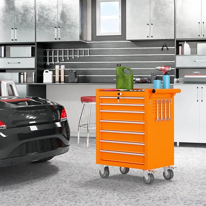 7 Drawers Rolling Tool Box, Portable Storage Tool Chest with Wheels, Toolbox with Lock for Warehouse, Garage, Repair Shop and Tool Room (Orange)