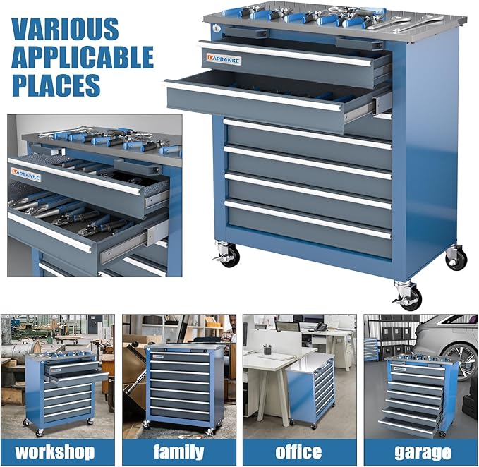 LARBANKE 7-Drawer Rolling Tool Chest with Stainless Steel Countertop,Tool Chest with Secure Locking System,Tool Cabinet with 360¡ÆWheels and Padded Feet,for Home, Garage and Office