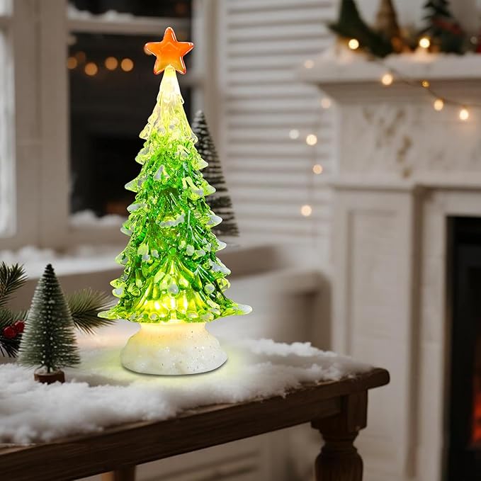 Small Christmas Tree Green Acrylic Tree with Timer 8 Inch Tabletop Christmas Tree with LED Lights Vintage Christmas Decoration Battery Operated Mini Green